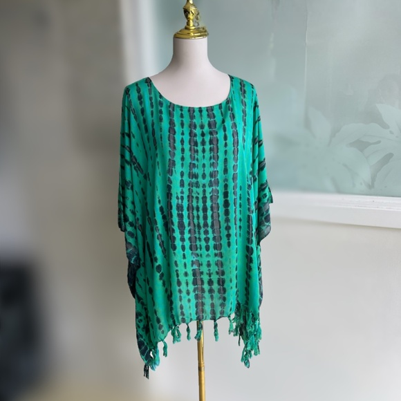 0072/ Teal Black Multicolor Poncho with fringed, Tie Dye Poncho - Picture 2 of 8